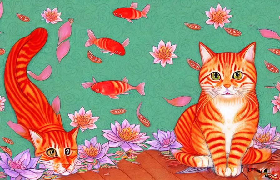 Prompt: a red tabby cat praying in a asian style temple of a holy koi fish, cute digital art, pastel colours, children's book illustration,
