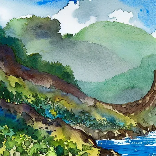 Image similar to detailed watercolor of a lush natural scene on an alien planet by stephen quiller. beautiful landscape. weird vegetation. cliffs and water.