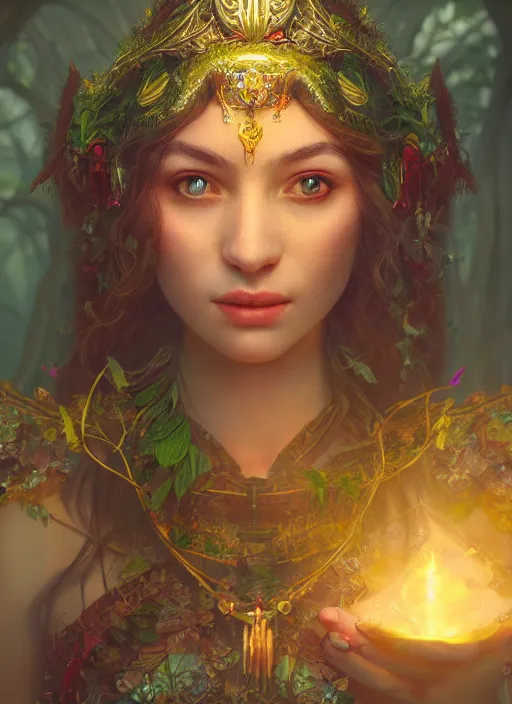 Image similar to Beautiful art portrait of a female fantasy priestess in a bright temple surrounded by lush forest, atmospheric lighting, intricate detail, cgsociety, hyperrealistic, octane render, RPG portrait, ambient light, dynamic lighting