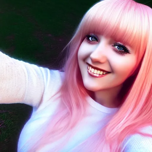 Image similar to beautiful hyperrealism selfie of nikki from shining nikki, a cute 3 d young woman smiling sofly, long light pink hair and full bangs, flushed face, small heart - shaped face, amber eyes, golden hour, 8 k, instagram