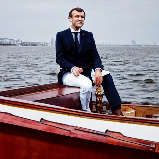 Prompt: Emmanuel Macron on a steamboat, dressed like 1912 ship captain, 50mm photography, high quality, 4K