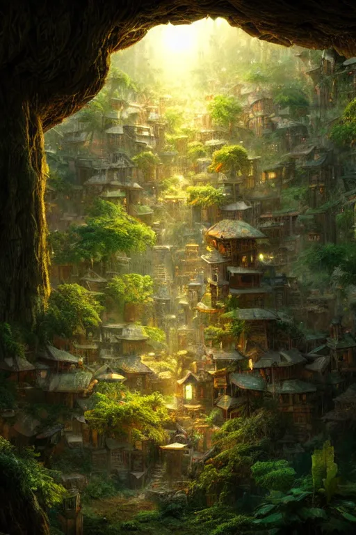 Image similar to a miniature city built into the trunk of a single colossal tree in the forest, with tiny people, in the style of craig mullins, lit windows, close - up, low angle, wide angle, awe - inspiring, highly detailed digital art