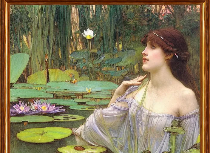 Image similar to a masterpiece painting of a beautiful faerie queen in a waterlily pond by john william waterhouse and alphonse mucha, wide angle, in frame, symmetrical, muted colors