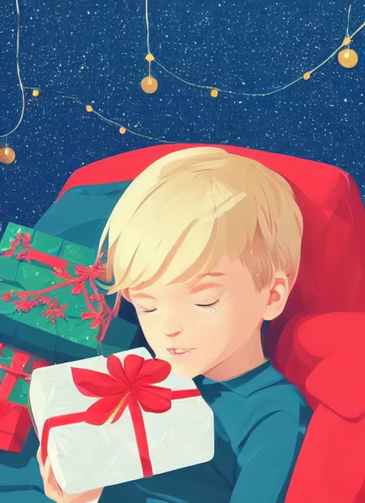 Prompt: seven year old with short blonde hair, asleep at christmas. surrounded by gifts. high quality detailed face. clean cel shaded vector art. shutterstock. behance hd by lois van baarle, artgerm, helen huang, by makoto shinkai and ilya kuvshinov, rossdraws, illustration, art by ilya kuvshinov
