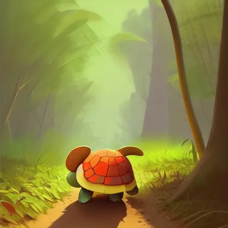 Image similar to Goro Fujita ilustration a cute turtle happily walking through the forest, painting by Goro Fujita, sharp focus, highly detailed, ArtStation