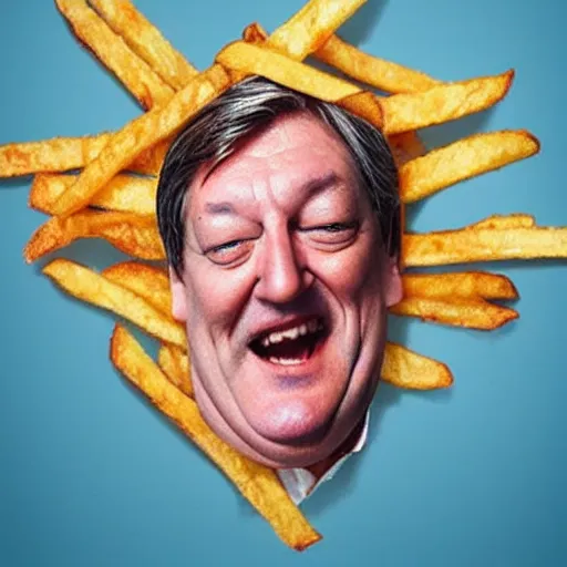 Image similar to photo of [ a single french fry chip ] shaped into stephen fry as a hybrid intercross mix