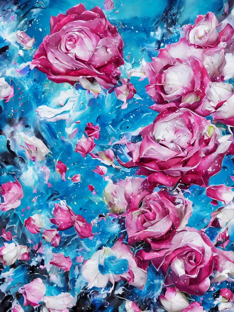 Image similar to hadouken of white and pink roses, flowers exploding and splattering, blue sky, big puffy clouds, spraypaint, wildstyle, totem 2, graffiti, exploding roses, large rose petals, lotus petals, large triangular shapes, studio ghibli anime, radiant lighting, artgerm, manga, trending on artstation, art nouveau, mature colors