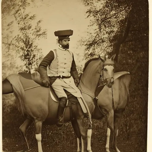 Prompt: Civil War daguerrotype of mythological centaurs in military uniforms, photographed by Matthew Brady. The centaurs look like horses but the horse's neck and head are replaced by the top half of a man
