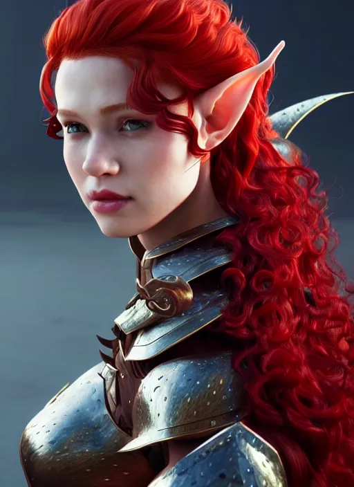 Image similar to leather armor!!! beautiful and elegant curly red hair female elf!! gorgeous ayes!! character concept art, sharp focus, octane render! unreal engine 5! highly rendered!! trending on artstation!! detailed linework!! illustration by artgerm, wlop, and chie yoshii