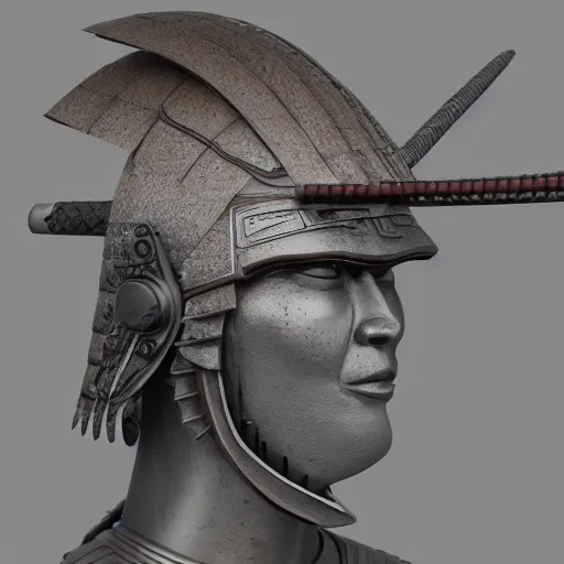 Prompt: a 3d render of a samurai warrior helmet sculpture, ultradetailed, 4k UHD