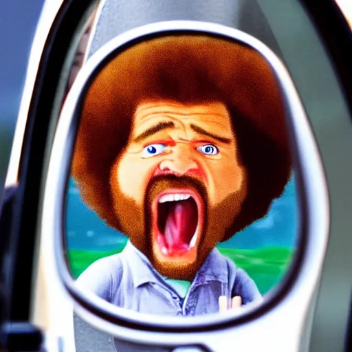 Image similar to a tiny screaming angry bob ross running your in rear view mirror