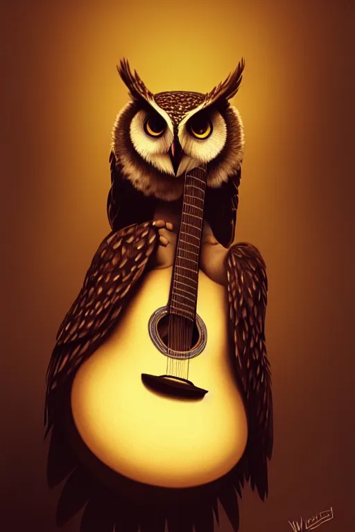 Image similar to portrait of an anthropomorphic owl playing the guitar, dramatic lighting, highly detailed, digital painting, artstation, concept art, smooth, sharp focus, illustration, art by wlop, mars ravelo and greg rutkowski