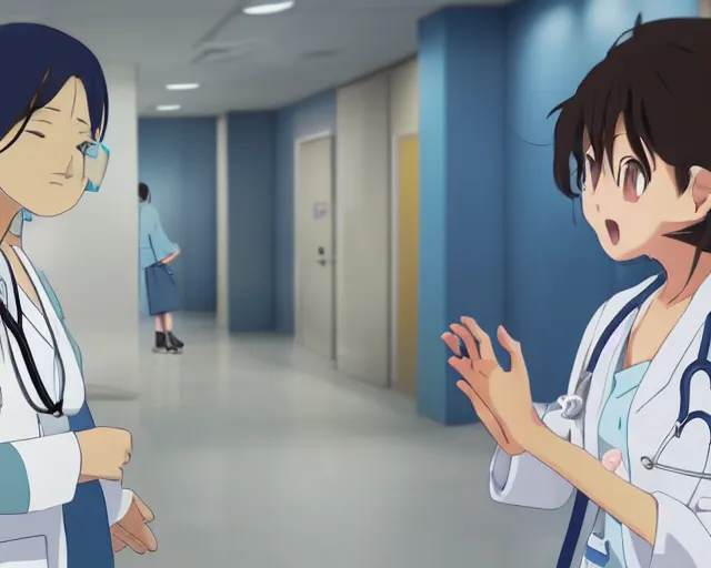 Prompt: a cute young female doctor wearing white coat are talking to a little baby in blue shirt in a hospital, slice of life anime, lighting, anime scenery by Makoto shinkai