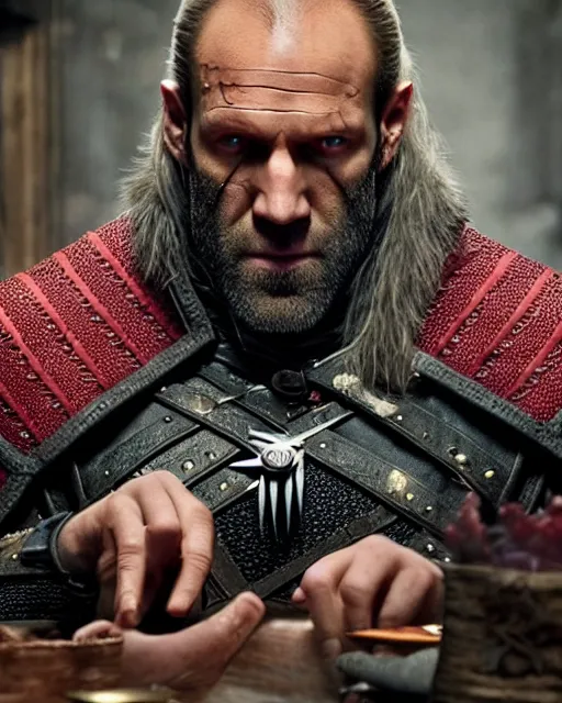 Prompt: jason statham cast as dijkstra in the witcher netflix series wearing soft red fabric aristocratic clothing, large outfit, royal attire, sitting at dining table, shaved head