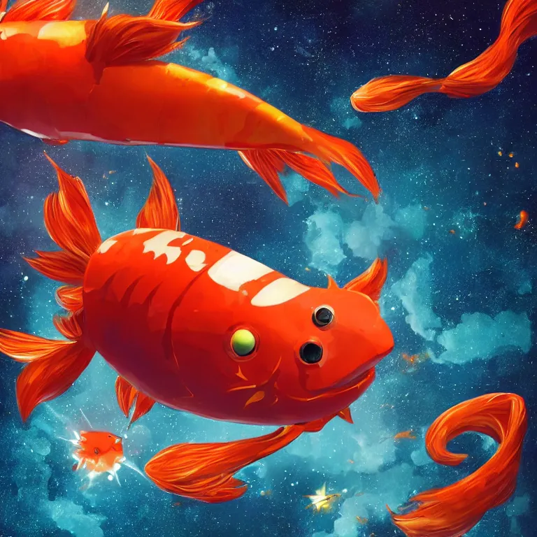 Image similar to a giant shiny robot koi karp flying in deep space toward an exploding spiral galaxy. strong irideshent reflections. cinematic. film look. detailed. artstation.