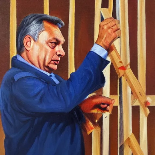 Image similar to viktor orban building a house, oil painting