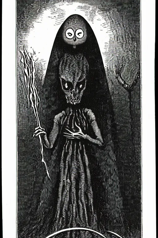 Image similar to the flatwoods monster, as a demon from the dictionarre infernal, pen - and - ink illustration, etching by louis le breton, 1 8 6 9, 1 2 0 0 dpi scan, ultrasharp detail, hq scan, intricate details, stylized border