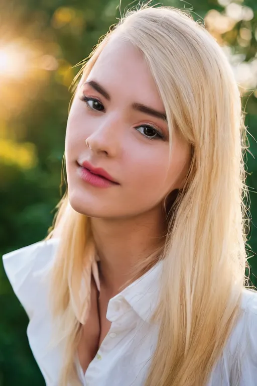 Image similar to 2 4 year old professional blonde female wearing white blouse, portrait, neck zoomed in, photo realistic, slr, golden hour, 4 k, high definition, selfie