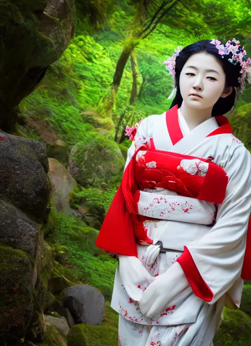 Image similar to photo of a japanese shrine maiden, young beautiful woman, award winning photo, stunning scenery, high definition, 8 k, dynamic lighting