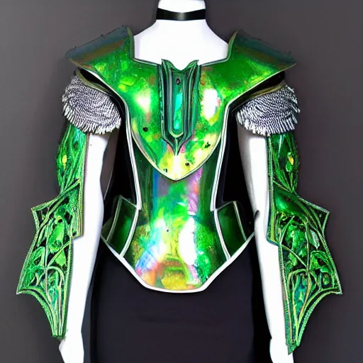 Prompt: iridescent, green mother of pearl and malachite art nouveau style full body female mail armor