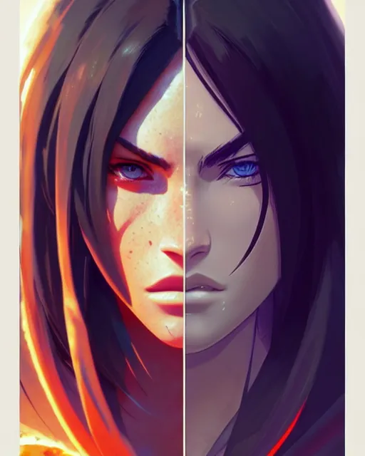 Image similar to azctec warrior, megan fox, detailed perfect face, exquisite details, fire magic, mid view, design on a white background, by studio muti, greg rutkowski makoto shinkai takashi takeuchi studio ghibli