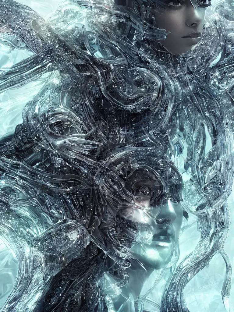 Image similar to epic futuristic close-up macro portrait of the face of a beautiful queen, epic angle and pose, symmetrical artwork, 3d with depth of field, blurred background, cybernetic jellyfish crystal, obsidian, female face skull phoenix bird, translucent, nautilus, energy flows of water and fire. a highly detailed epic cinematic concept art CG render , made in Maya, Blender and Photoshop, octane render, excellent composition, cinematic dystopian brutalist atmosphere, dynamic dramatic cinematic lighting, aesthetic, very inspirational, arthouse, by Greg Rutkowski, Ilya Kuvshinov, WLOP, Stanley Artgerm Lau, Ruan Jia and Fenghua Zhong.