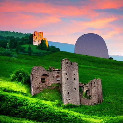 Prompt: Vast verdant valley surrounded by Transylvanian mountains, with a large zeppelin hovering in the foreground, and a ruined medieval castle on the hillside in the background. Late evening light, gloomy weather. Hyperrealistic, high quality, sharp, photography.