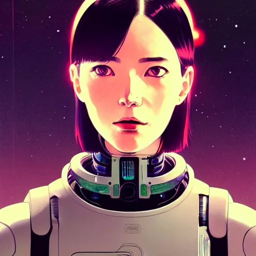 Image similar to side portrait scifi cyborg girl with robotic parts and spacesuit | | head only in center of image, audrey plaza, fine detail!! anime!! realistic shaded lighting!! poster by ilya kuvshinov katsuhiro otomo ghost - in - the - shell, magali villeneuve, artgerm, jeremy lipkin and michael garmash and rob rey