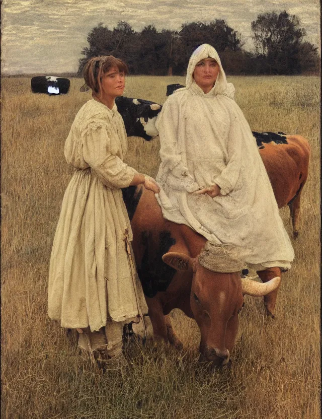 Image similar to portrait of peasant girl and cow on a farm, polaroid photo bleached vintage pastel colors high - key lighting, soft lights, foggy, by steve hanks, by lisa yuskavage, by serov valentin, by tarkovsky, 8 k render, detailed, oil on canvas