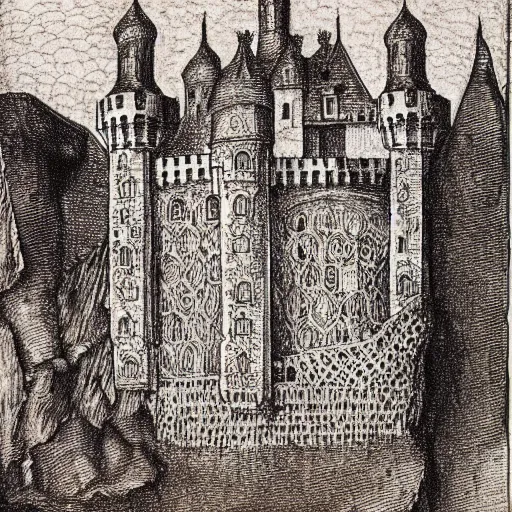 Prompt: drawing of a castle made of lace!!!, by albrecht durer
