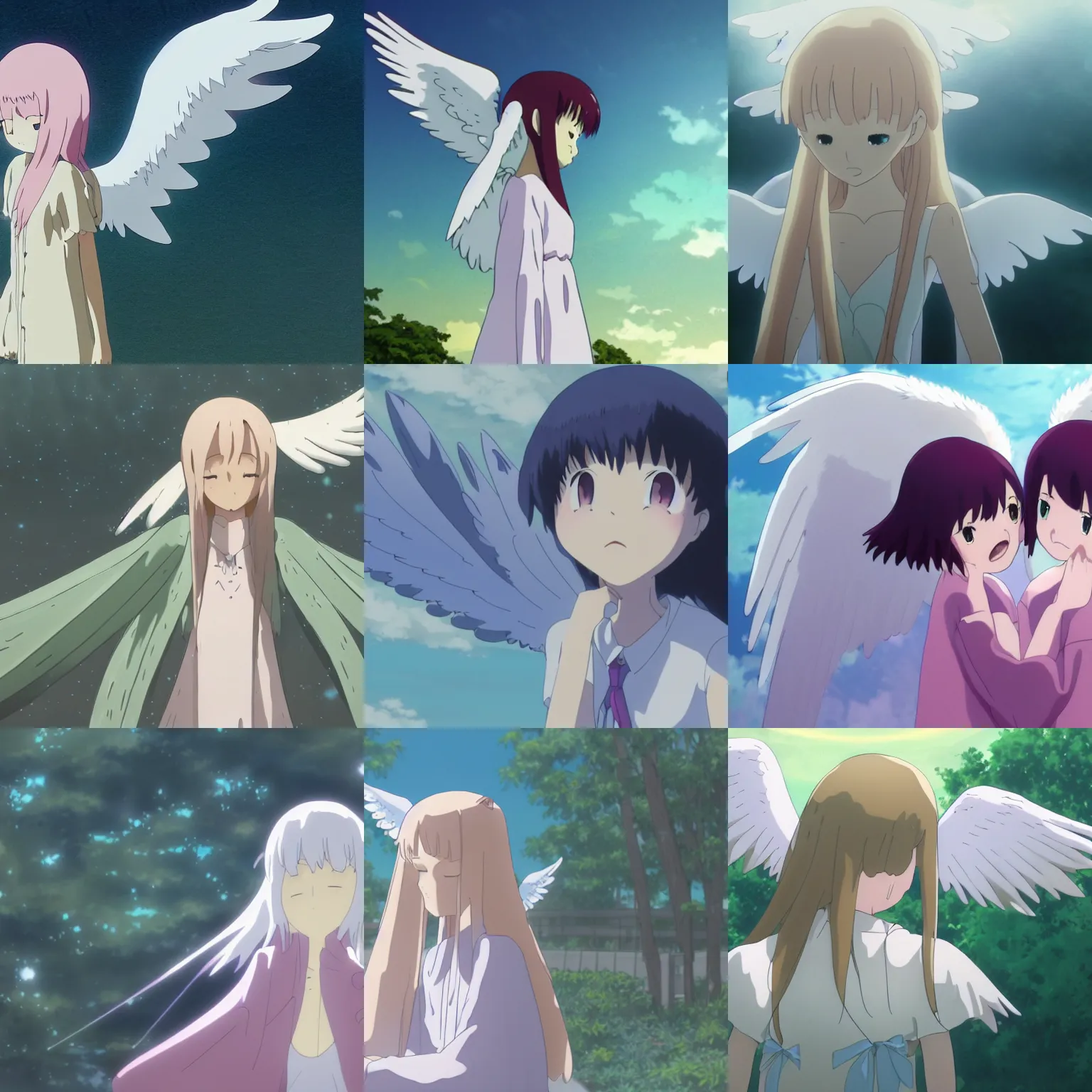 Prompt: an angelgirl cries, angel wings, girl with angel wings, anime, Makoto Shinkai, Hideaki Anno, Mochiduki Key, Studio Ghibli, Madhouse, WHITE FOX, Studio Trigger