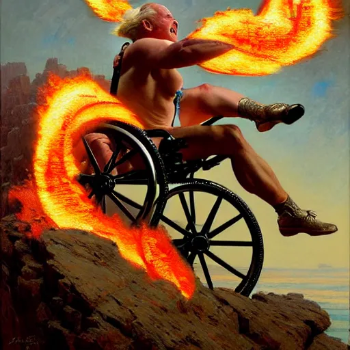 Prompt: wcw lex lugar in a wheel chair on fire rolling off a cliff. highly detailed painting by gaston bussiere, j. c. leyendecker, greg rutkowski, craig mullins 8 k