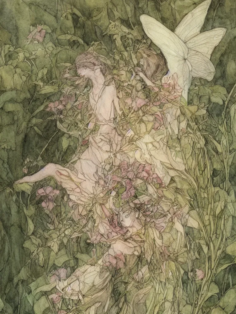 Image similar to annotated study of a flower fairy, illustration, watercolor, alan lee, detailed, pretty, ethereal,