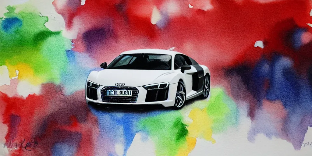 Image similar to audi r 8 water color painting, rtx, raytracing, 8 k, highly detailed, soft colors,