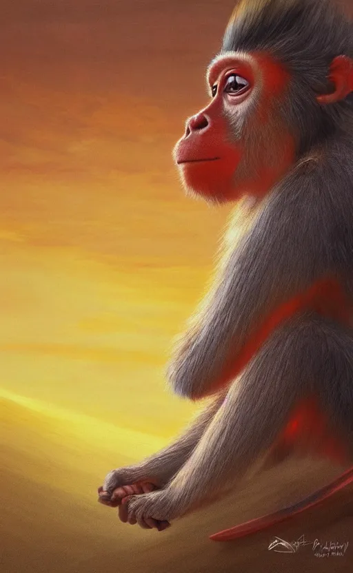 Image similar to photorealistic portrait of Sun Goku the Monkey on his staff meditating on a steep hill Infront of a yellow and red sunset, digital photorealistic art, concept art, trending on art station