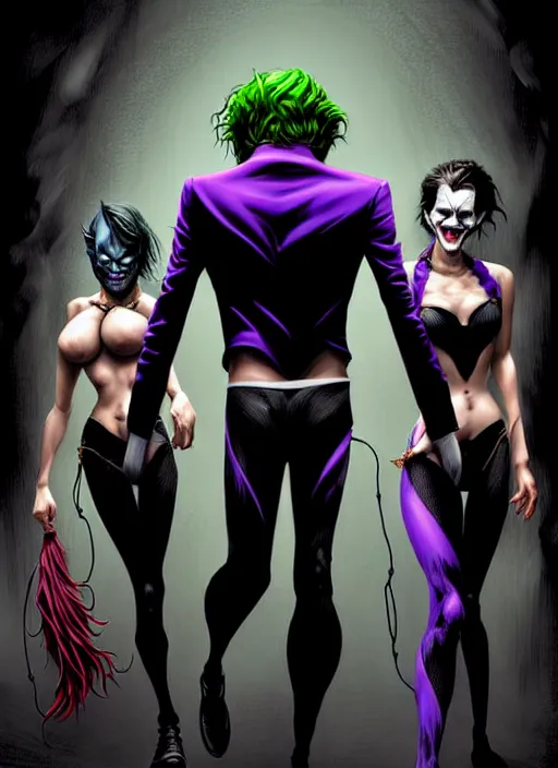 Prompt: An edgy digital illustration The Joker wearing only his briefs, hair disheveled, with a dark sinister grin, walking towards his captive victims, Emma Watson and Jessica Alba, the girls are tied in bondage and ball-gagged, eyes are fearful, digital art in the style of Stanley Artgerm Lau and by David Finch, digital comic, cinematic, hyper-detailed