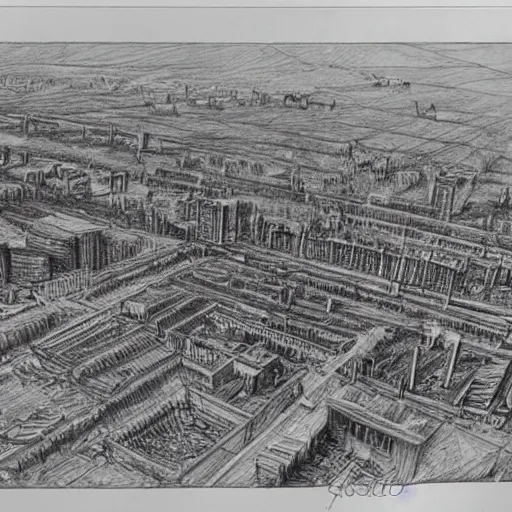 Prompt: pencil sketch of fully destroyed city after nuke bird view, high details