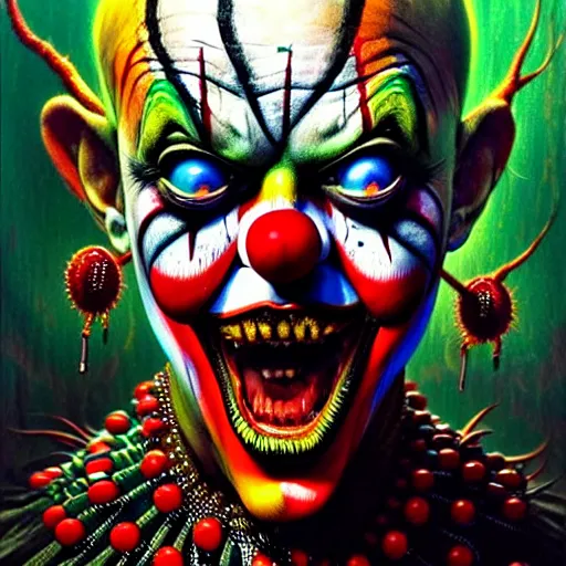 Image similar to uhd photorealisitc authentic madman wearing intricate clown costume and bizarre voodoo makeup, vivid colors, frightening surroundings, correct details, in the style of amano, karol bak, akira toriyama, and greg rutkowski