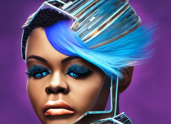 Image similar to a black woman with blue hair wearing a futuristic outfit by osborne macharia, trending on behance, afrofuturism, futuristic, airbrush art, future tech