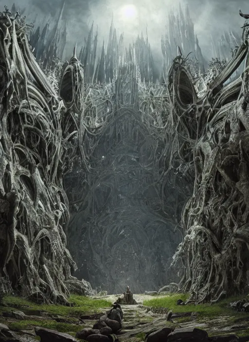 Prompt: medieval adventurers in the lord of the rings scenery landscape, inside an enormous overgrown alien cathedral, huge statue of a dragon, portal to another dimension in the sky, highly detailed, cinematic lighting, perfect composition, 4 k, gustave dore, derek zabrocki, greg rutkowski, octane render