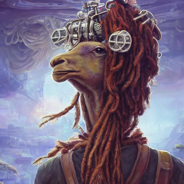 Prompt: llama with dreadlocks, industrial scifi, by mandy jurgens, ernst haeckel, artgerm, james jean