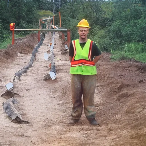 Prompt: a worker poses next to a newly established glue pipeline, 1902, colorized