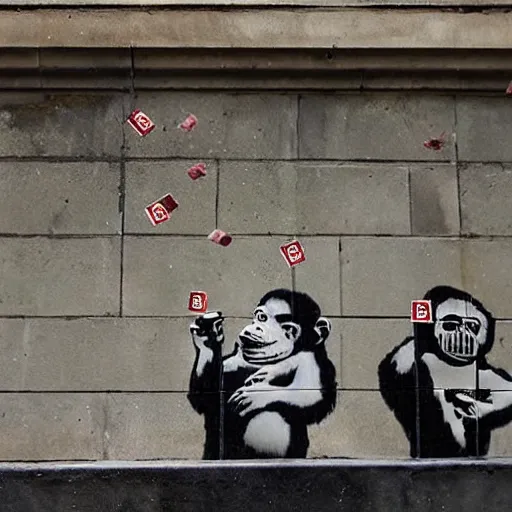 Image similar to display of 2 apes holding champaign bottles, money falling from the sky, made by banksy