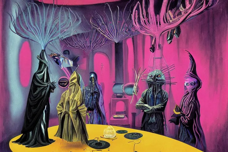 Image similar to a masterpiece painting in the laboratory of a technomancer wizard, in dazzle camouflaged robes, pointed hoods, he discusses sentience with his al djinn by remedios varo and anato finnstark and greg rutkowski and andy warhol and francis picabia. dayglo pink blue, prismatic, pearlescent, raven black, glowing, hyperrealism, trending on artstation