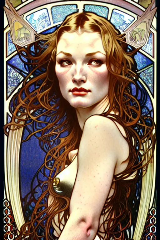 Prompt: realistic detailed half body portrait of Veronica Lake by Alphonse Mucha, Ayami Kojima, Yoshitaka Amano, Charlie Bowater, Karol Bak, Greg Hildebrandt, Jean Delville, and Mark Brooks, Art Nouveau, Pre-Raphaelite, Neo-Gothic, gothic, Art Nouveau, intricate fine details, exquisite, rich deep moody colors, beautiful detailed background