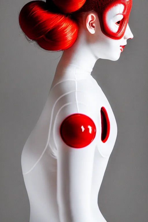 Prompt: symmetrical portrait of a woman wearing a red embroidered translucent silicone mask and black frizzy hair buns, wearing a white bodysuit, white background, soft diffused light, biotechnology, futuristic aesthetic, translucent, ethereal, intricate details, highly detailed, masterpiece,