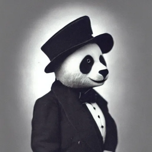 Image similar to a portrait of a humanoid panda wearing a tuxedo and a hat, 1 9 0 0, old, vintage, photography, grainy, award - winning