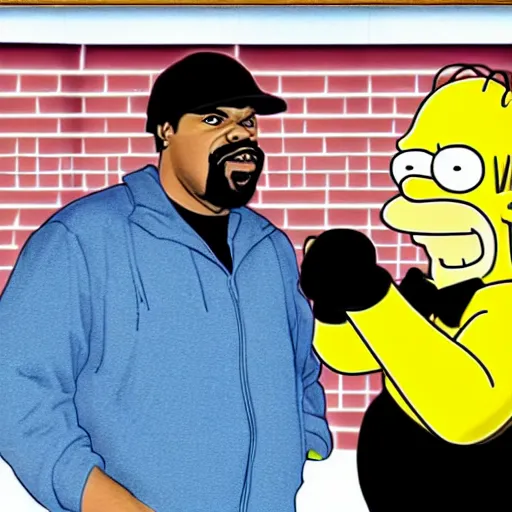 Prompt: ice cube and homer simpson talking