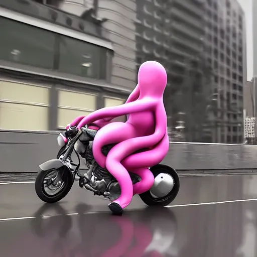 Image similar to hyper realistic, photo, humanoid pink female Squid girl, riding a motorcycle wheelie fast in the rainy city traffic