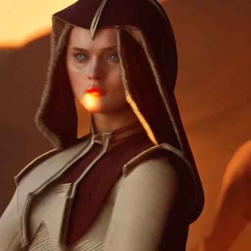 Image similar to bella heathcote as padme amidala at the battle of geonosis, golden hour, cinematic